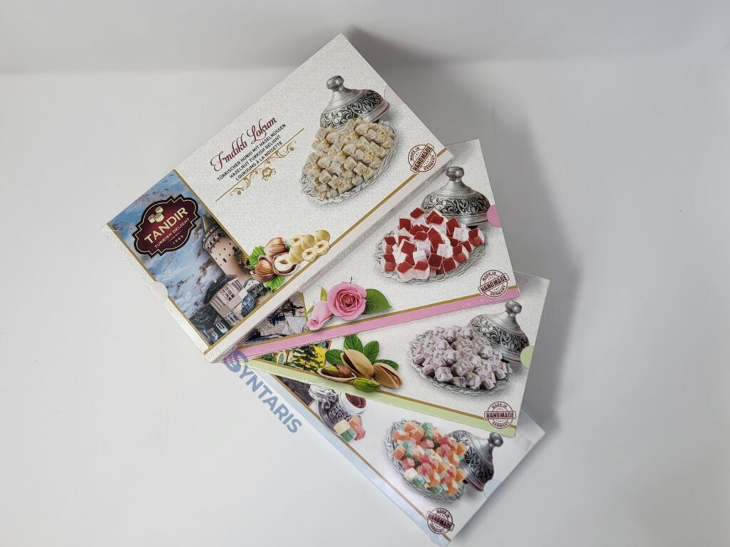 4er tasting set türkischer lokum türkischer delight mit pistazie, haselnuss, rose, fruchtmix | handgemacht | syntarix